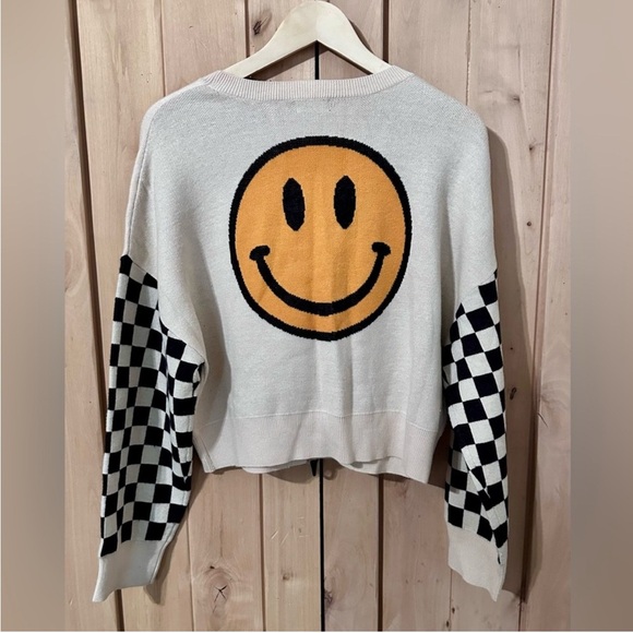 Smiley Face Knit Sweater with Checkered Sleeves - Picture 1 of 8